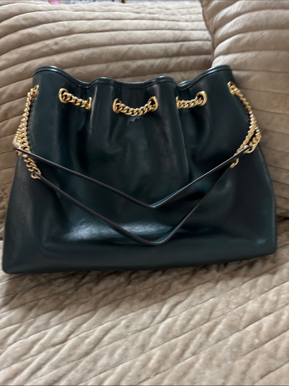 Coach Black Leather Drawstring Shoulder Bag with Gold Chain - Picture 2 of 3